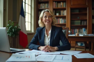 Adjointe au maire dans son bureau de mairie examinant des documents budgétaires municipaux