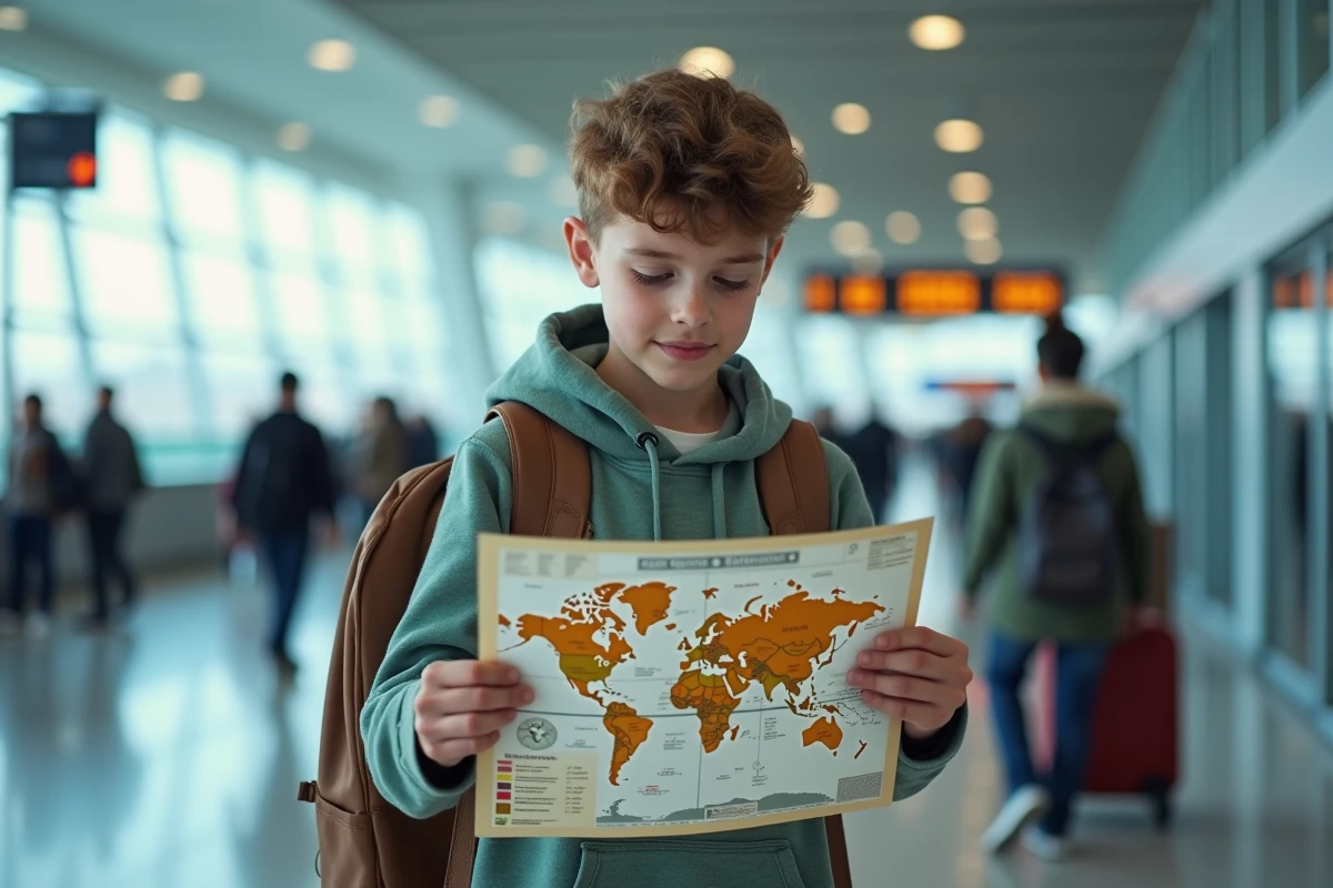 Adolescent étudiant une carte du monde bilingue à l