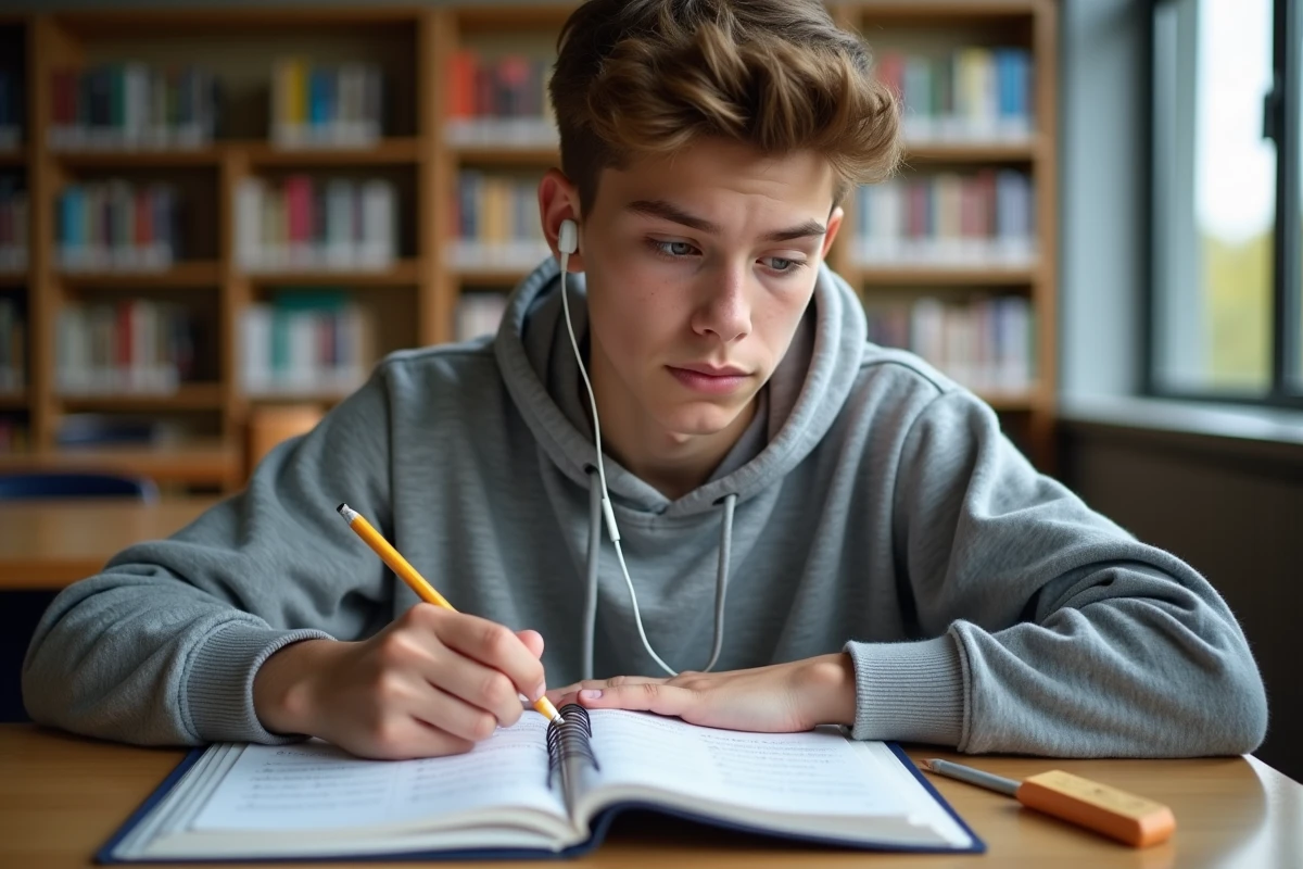 Adolescent étudiant la conjugaison française dans un manuel de grammaire ouvert à la bibliothèque