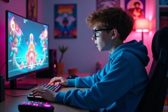 Jeune adolescent jouant à Friday Night Funkin sur un PC gaming dans sa chambre avec des périphériques RGB et des affiches de jeux