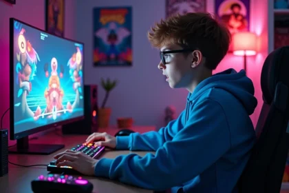 Jeune adolescent jouant à Friday Night Funkin sur un PC gaming dans sa chambre avec des périphériques RGB et des affiches de jeux