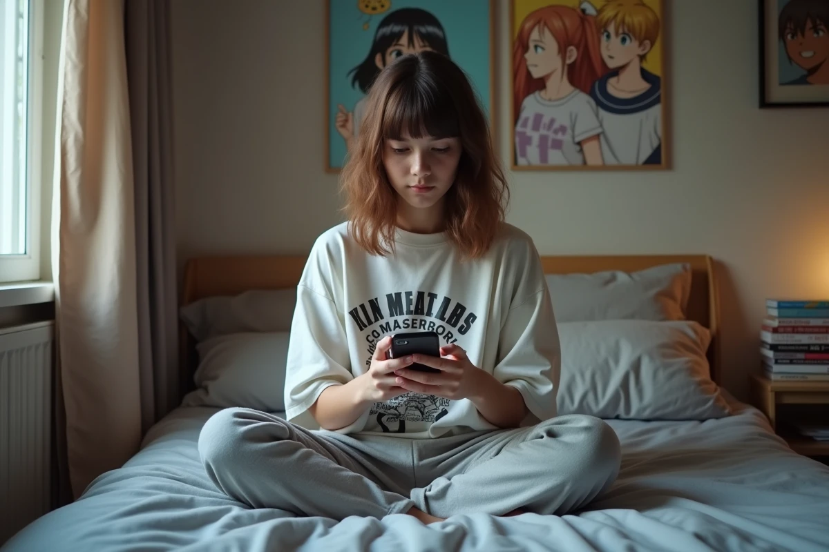 Adolescente lisant un scan manga sur smartphone dans une chambre étudiante en France
