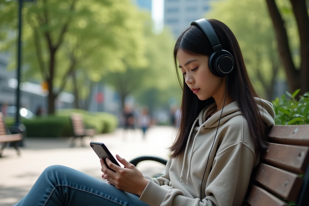 Adolescente lisant manga dans un parc urbain en plein air