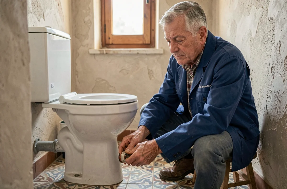 Alain Bourdeaux Plombier remplaçant le joint d'un WC dans une salle de bain à Aix-en-Provence