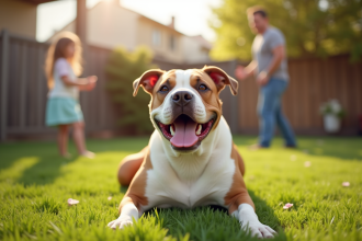 American Bulldog assis dans le jardin en famille