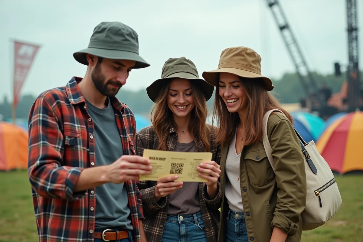 Groupe d'amis vérifiant leurs billets pour le festival des Vieilles Charrues 2026