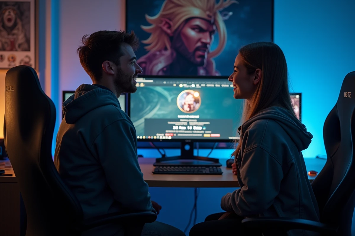 Deux amis gamers découvrant ensemble le nombre d'heures passées sur League of Legends affiché sur leur écran