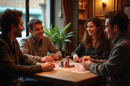 Quatre amis jouent à la belote contrée autour d'une table en bois