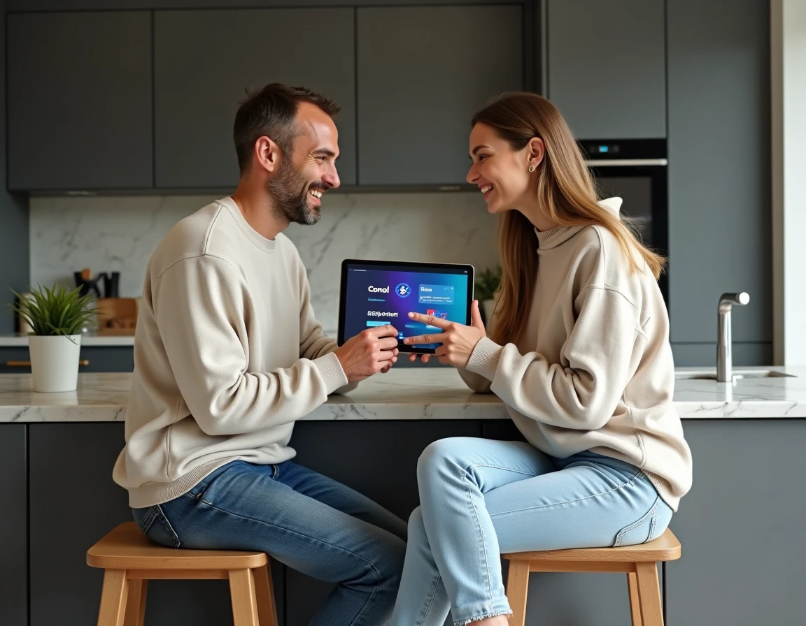 Deux amis consultant ensemble une offre d'abonnement Canal Plus sur une tablette dans une cuisine moderne