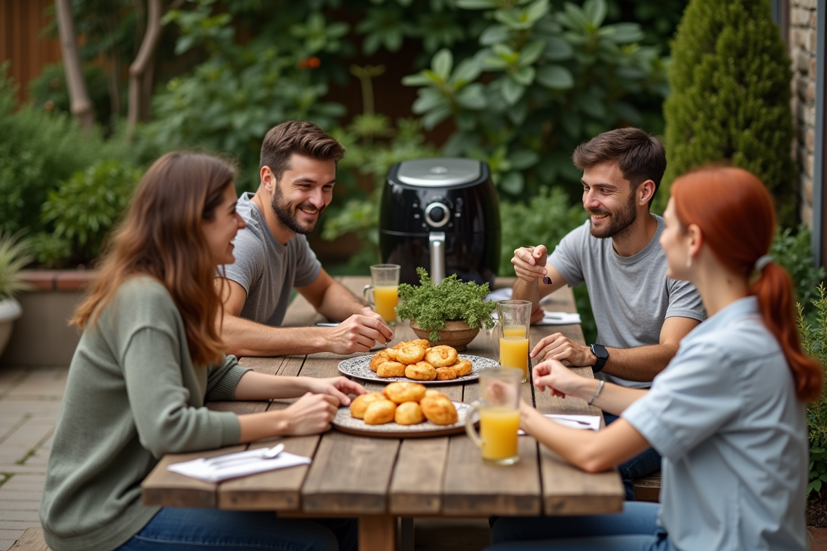Groupe d amis partageant des beignets de courgette en extérieur