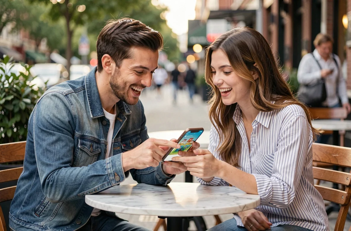 Deux amis consultant un smartphone en terrasse de café pour obtenir des dés gratuits et avancer dans Monopoly GO