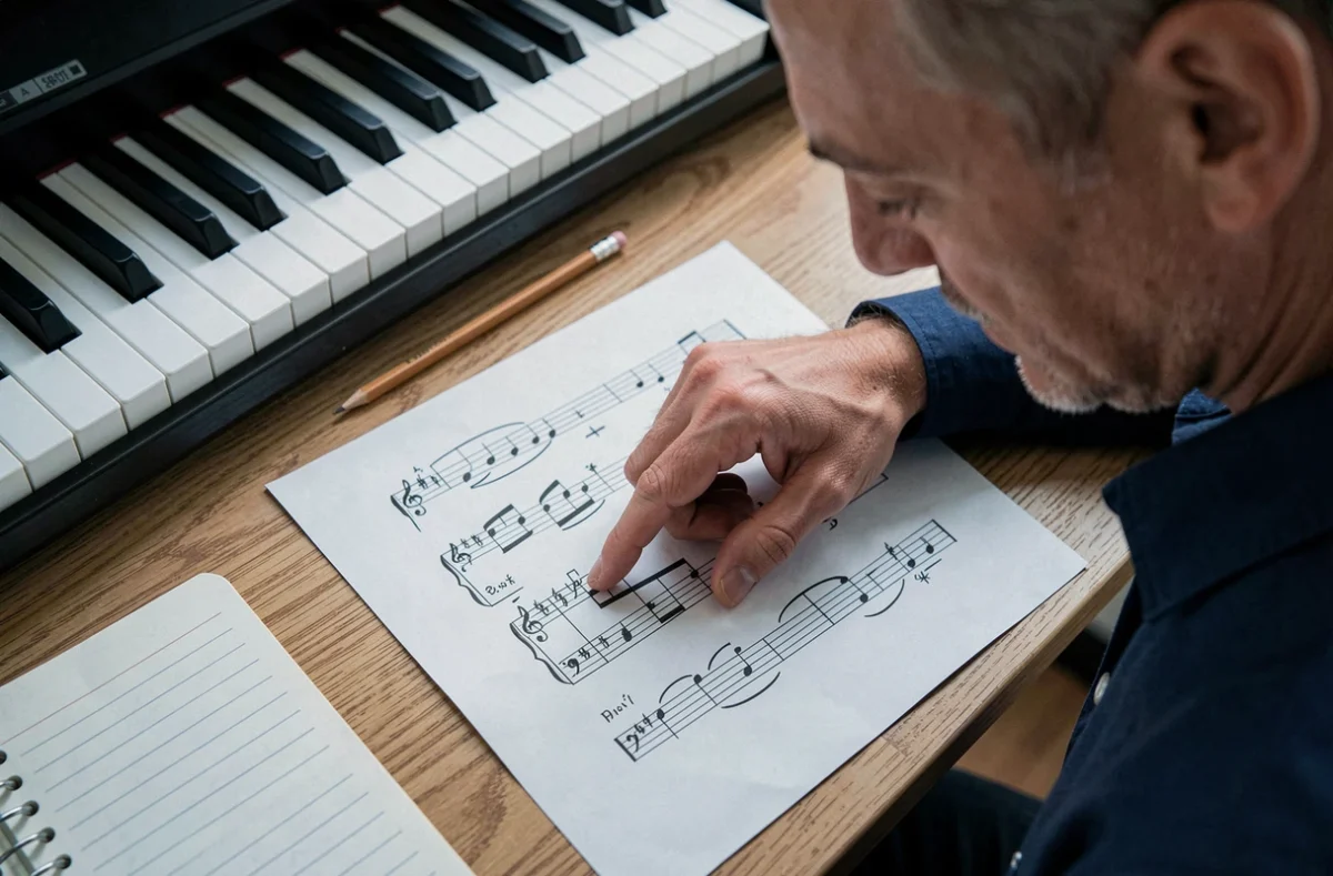 Homme pointant un bémol sur une partition annotée posée sur un bureau en bois à côté d'un clavier de piano