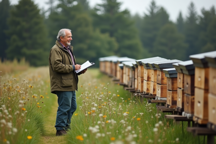 Homme inspectant des ruches dans un champ verdoyant