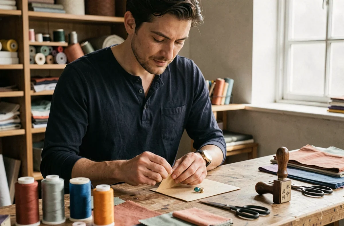 Artisan homme emballant un omamori personnalisé dans une enveloppe kraft dans un atelier de création japonaise
