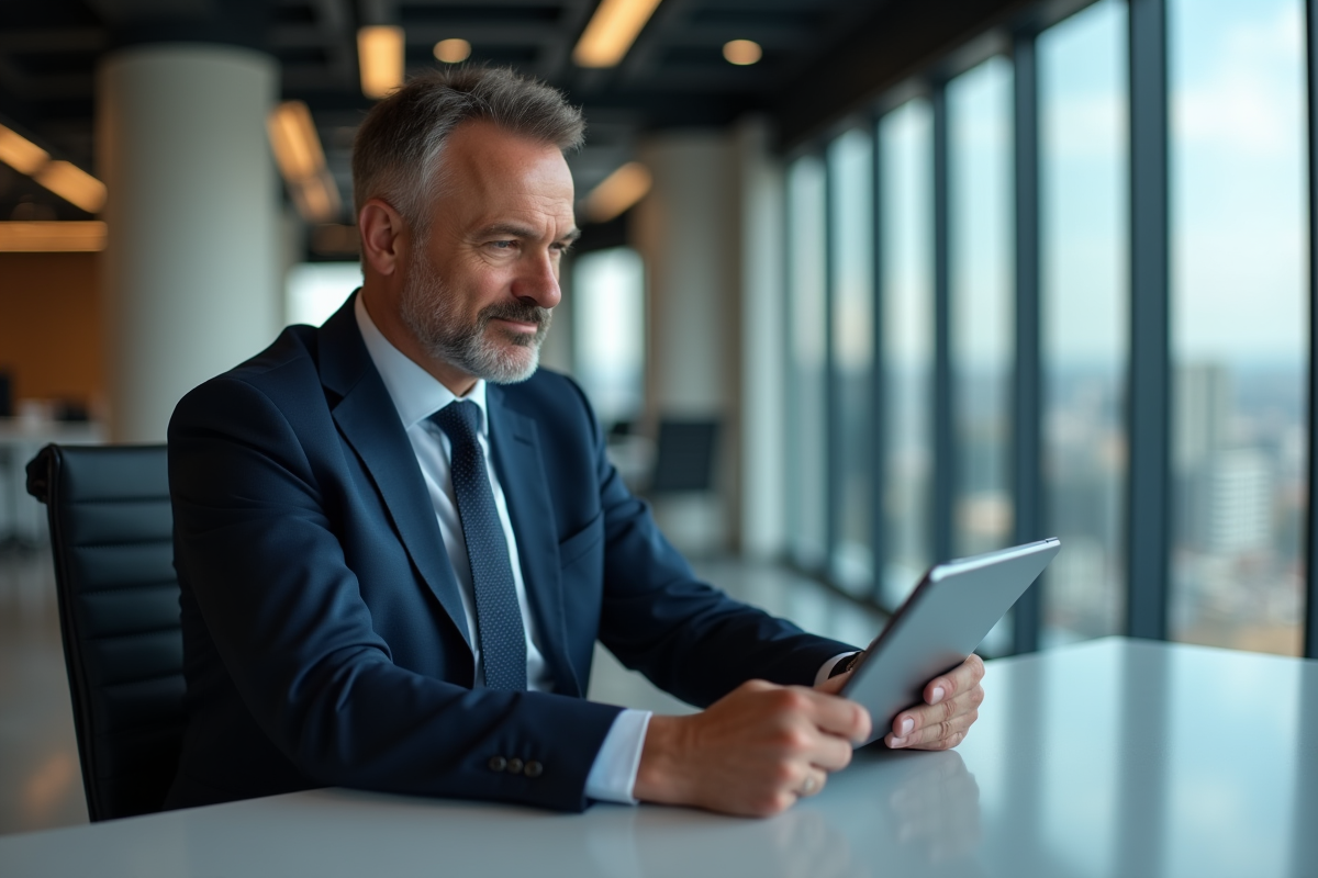 Banquier d'affaires utilisant une tablette dans un bureau moderne