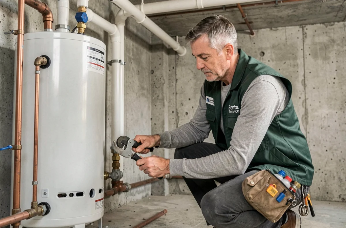 Technicien Benta Service travaillant sur un chauffe-eau dans une chaufferie à Aix-en-Provence