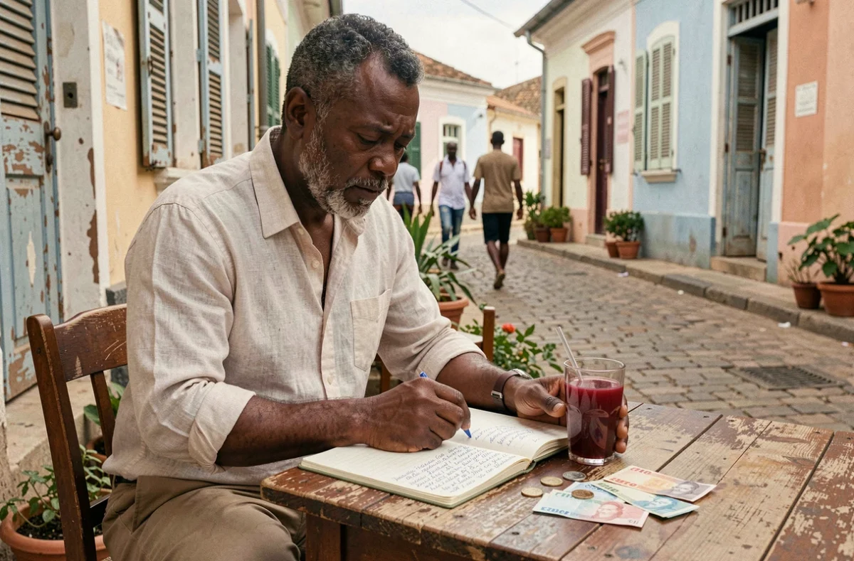 Voyageur consultant son budget de voyage sur une terrasse coloniale à Saint-Louis du Sénégal avec billets CFA et carnet de notes