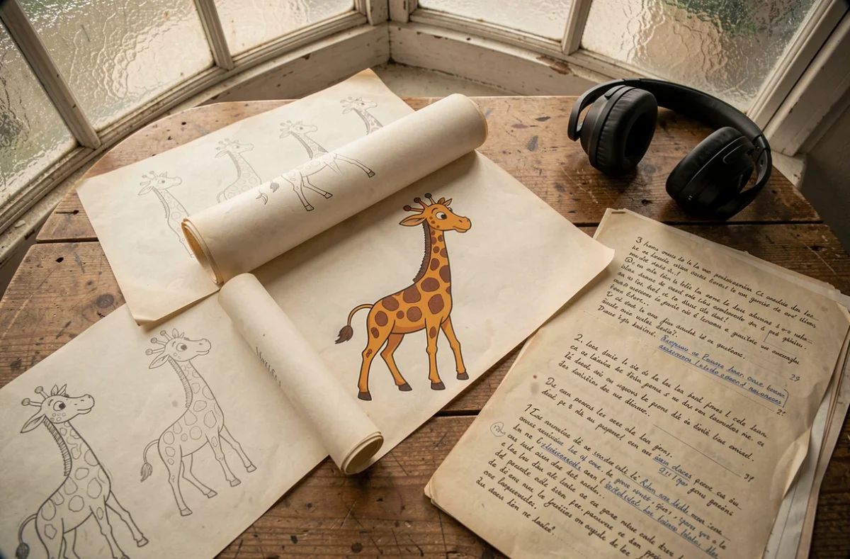 Bureau de studio de doublage avec scripts annotés en français et casque audio pour le doublage du film Madagascar