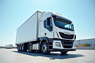 Camion cargo blanc de 26 tonnes sur une plateforme logistique en plein soleil