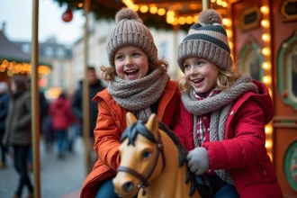 Deux enfants rient sur un carrousel de Noël à Lyon