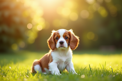 Chiot cavalier king charles sur l'herbe en plein soleil