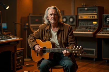 Chanteur anglais des années 70 dans un studio d'enregistrement vintage avec guitare acoustique et équipements analogiques
