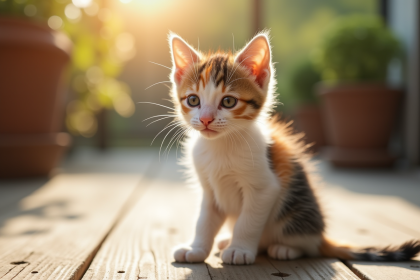 Chaton tricolore assis sur un sol en bois en plein soleil