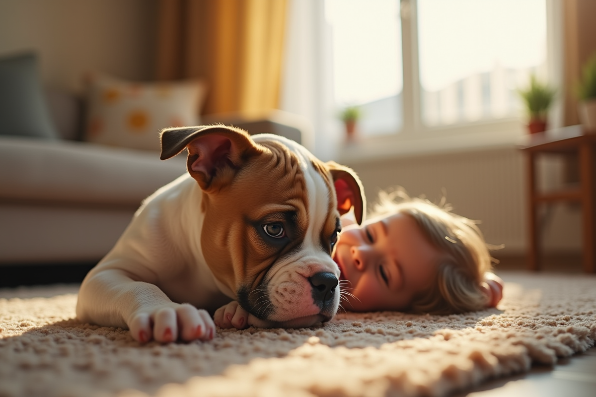 Chiot American Bulldog câlinant un enfant dans le salon