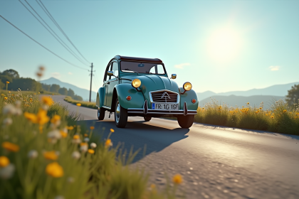 Citroen 2CV vintage sur une route de campagne ensoleillee