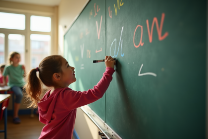 Enfants écrivant leur nom sur un tableau avec la lettre V