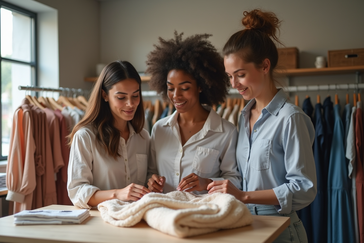 Groupe de jeunes adultes discutant de vêtements dans une boutique