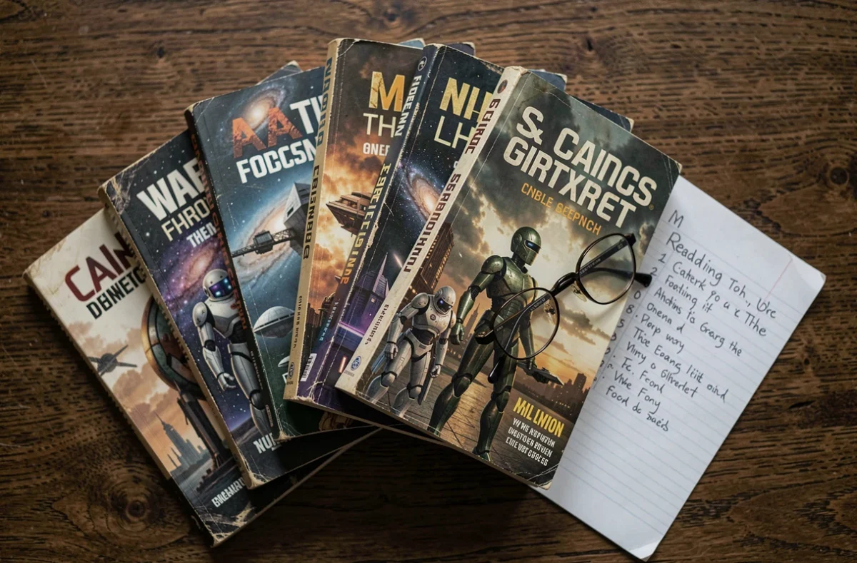 Vue de dessus d'une collection de romans de science-fiction d'Asimov avec une liste d'ordre de lecture manuscrite sur une table en bois sombre