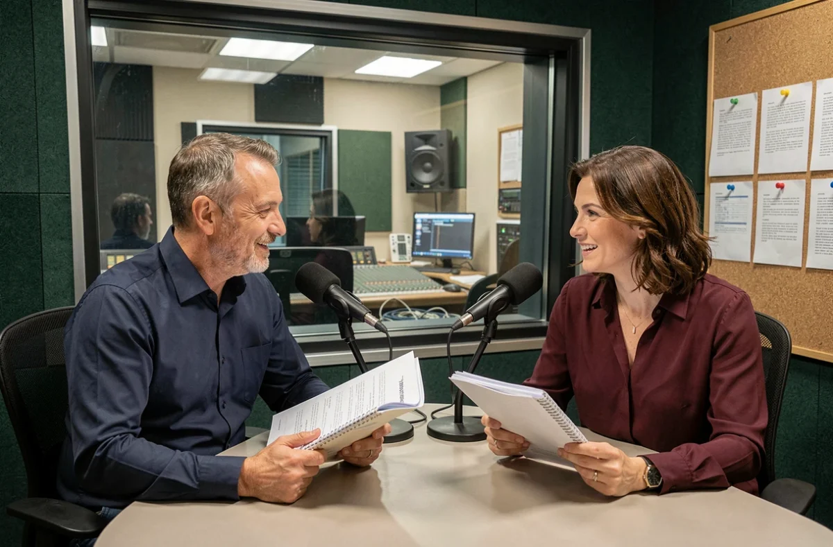 Deux comédiens de doublage français en session d'enregistrement dans un studio professionnel de post-production