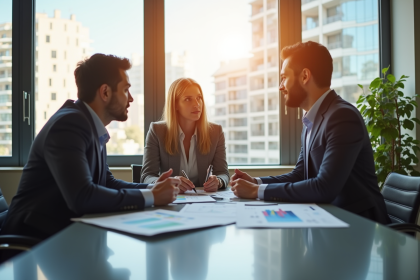 Conseiller financier et couple discutant investissement immobilier