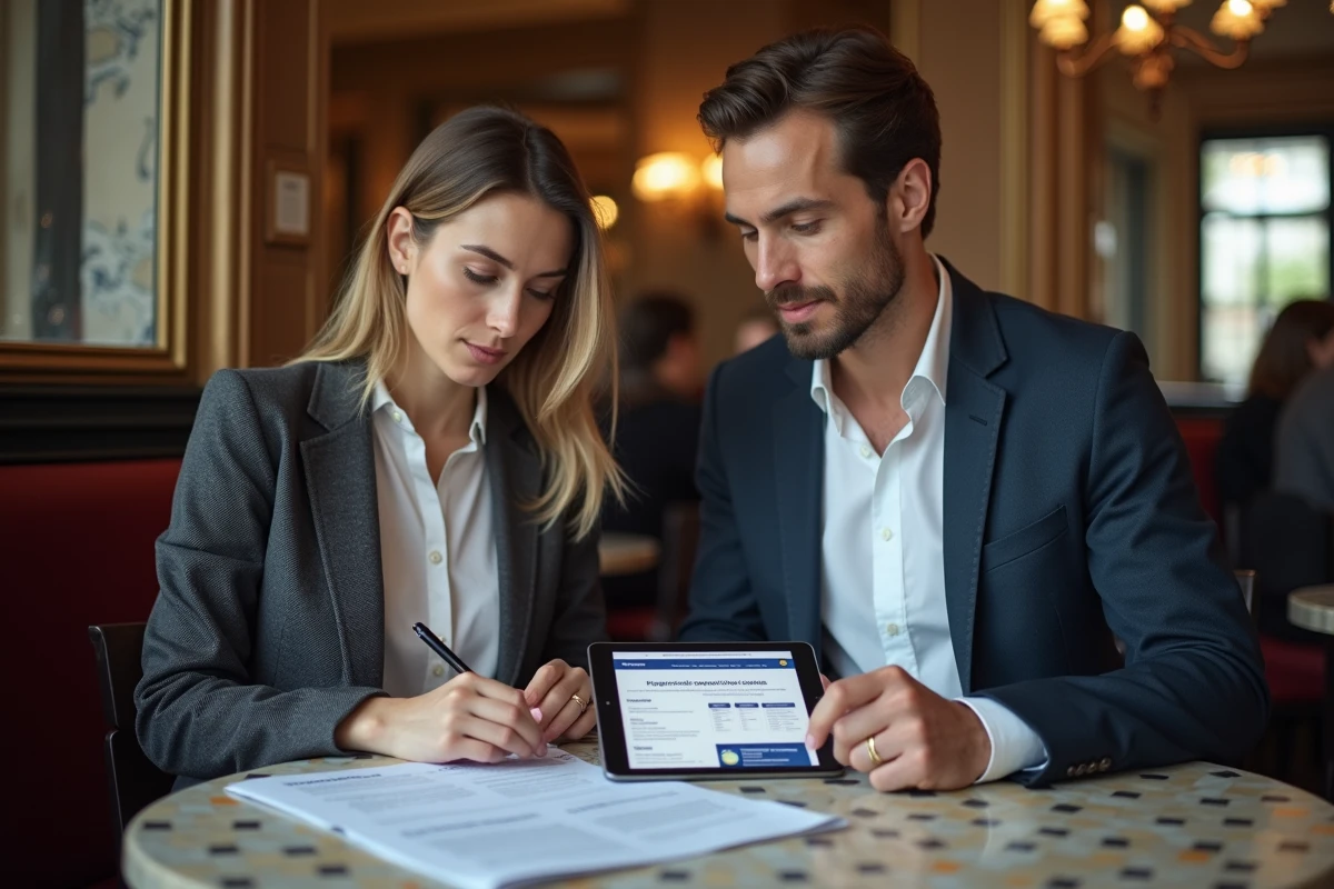 Deux professionnels consultant les étapes et délais d'inscription au congrès UINL Paris dans un café parisien avec tablette et documents