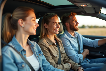 Trois adultes discutent dans une voiture moderne et lumineuse