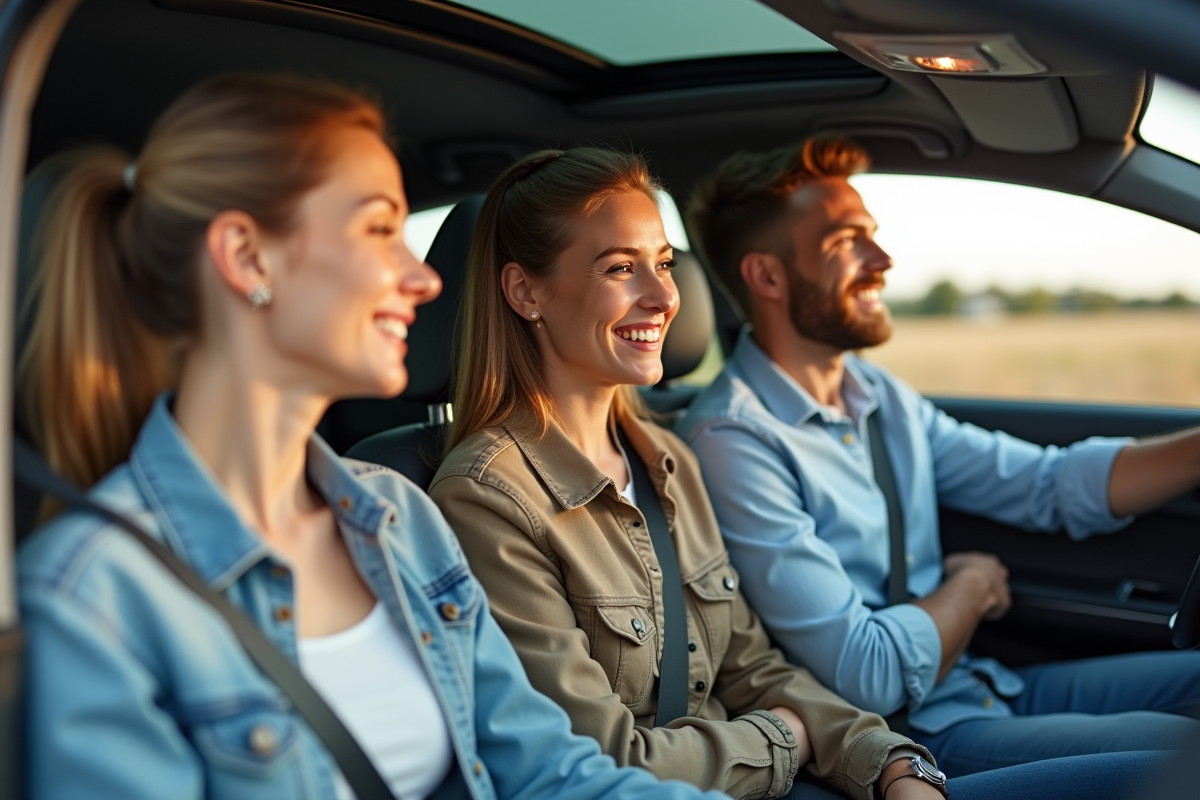 Trois adultes discutent dans une voiture moderne et lumineuse