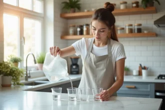 Femme versant 5 litres d'eau dans des verres doseurs de 1000 ml pour illustrer la conversion litres en millilitres
