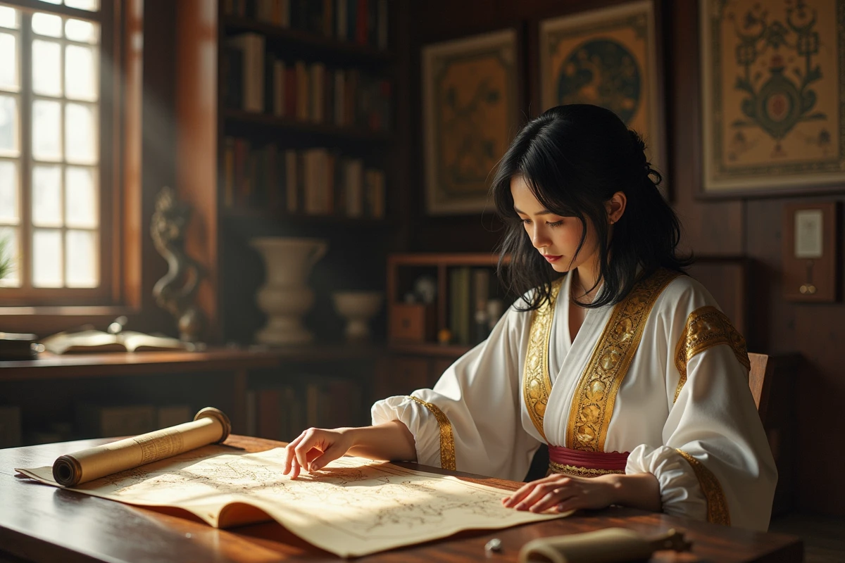 Jeune femme cosplayer avec carte dans une pièce japonaise