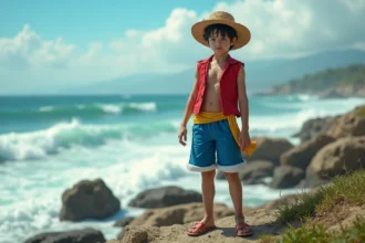 Jeune homme cosplayer en Luffy sur la côte rocheuse