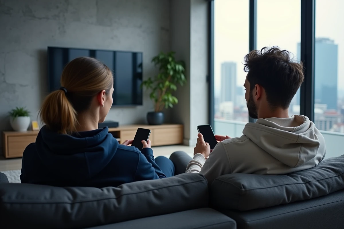 Couple comparant les programmes TV de l'après-midi sur leurs smartphones dans un salon moderne