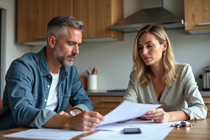 Couple de milieu age lisant des documents dans la cuisine