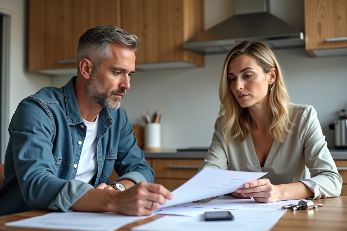 Couple de milieu age lisant des documents dans la cuisine