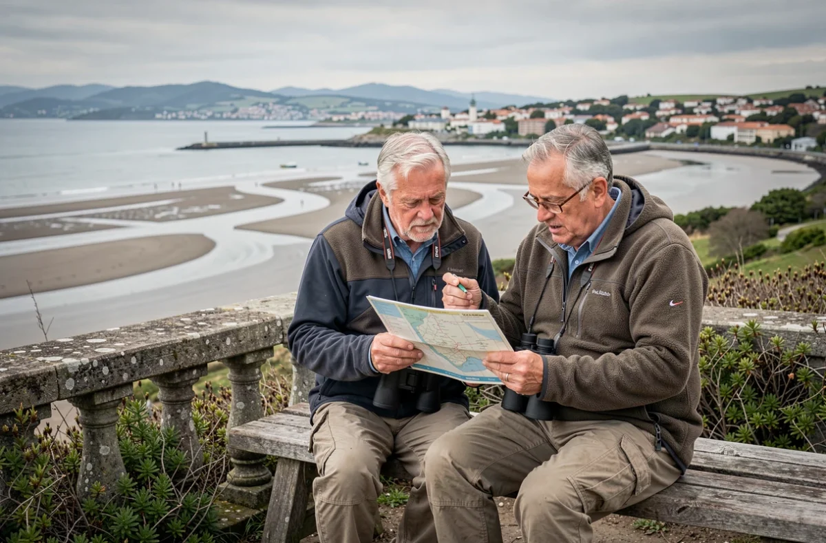 Couple de randonneurs consultant un tableau des marées face au panorama de l'estuaire de la Bidassoa et de la baie de Txingudi à Hendaye