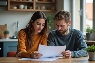 Jeune couple à la maison avec documents de prêt immobilier