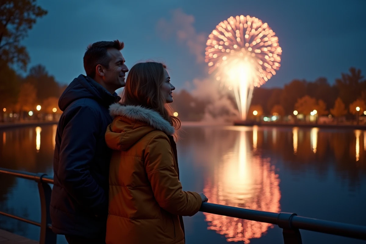Couple admirant le reflet du feu d'artifice de Villeneuve d'Ascq sur un lac lors d'une soirée estivale en famille