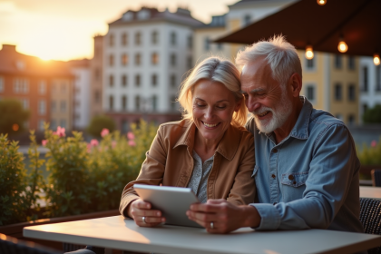 Couple souriant planifiant leur retraite sur une tablette