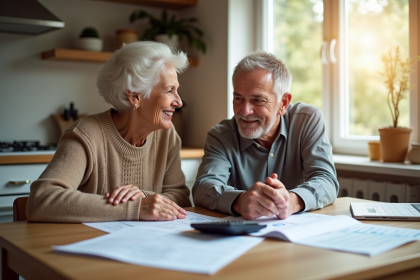 Couple retraité souriant avec documents financiers