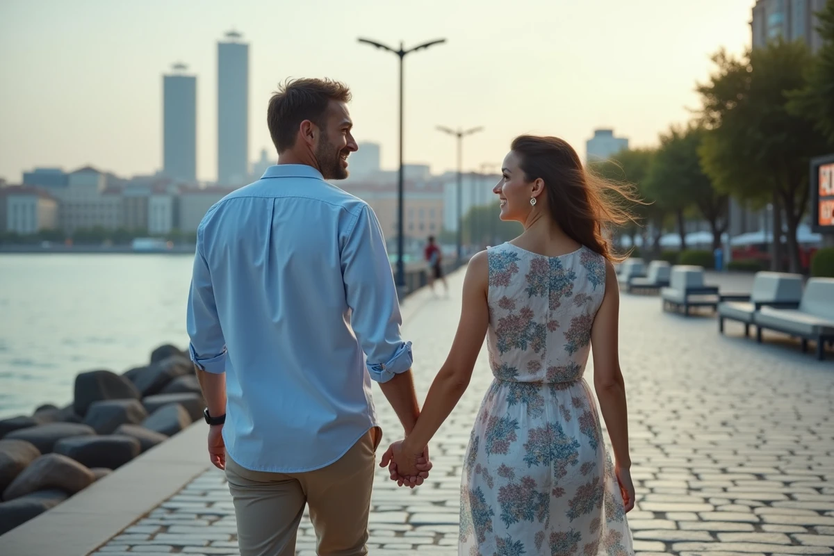 Couple main dans la main en promenade en ville au bord de l