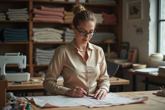 Couturiere femme utilisant des ciseaux sur tissu à l'atelier